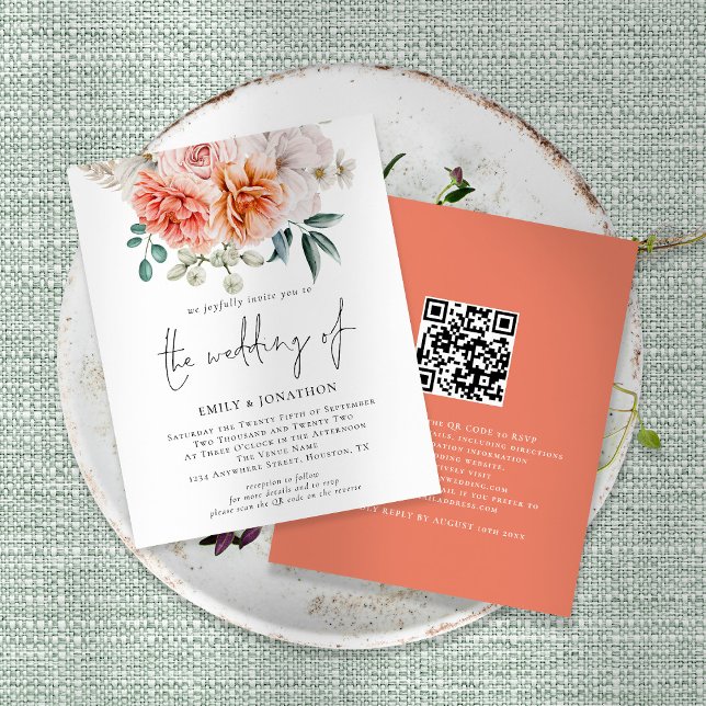 Budget Peach Peonies Floral QR Code Mariage Invita (Créateur téléchargé)