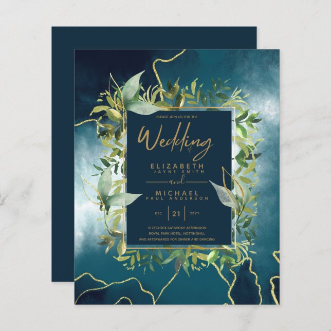 BUDGET Peacock Bleu Or Vert Mariage Invite (Devant / Derrière)