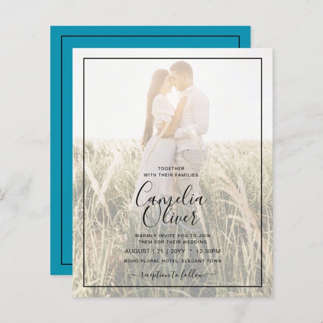 BUDGET Peacock Blue Photo Overlay Mariage Inviter (Devant / Derrière)
