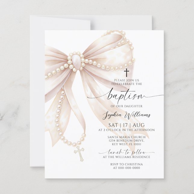 Budget Pearl Rosary Bow Baptism Invitation (Devant)