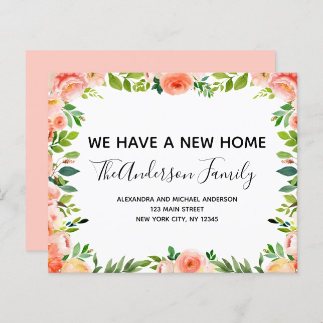 Budget Pêcher Corail Floral Moving Faire-part (Devant / Derrière)