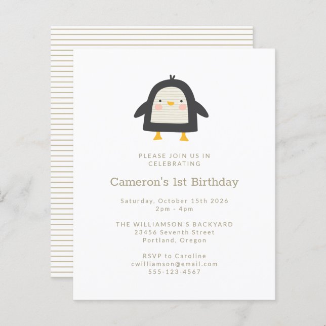 Budget Penguin Simple 1er anniversaire Invitation (Devant / Derrière)