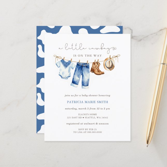 Budget Petite Cowboy Boy Baby shower Invitation (Devant/Arrière en situation)