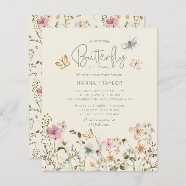 Budget Petite papillon Invitation Baby shower fill (Devant / Derrière)