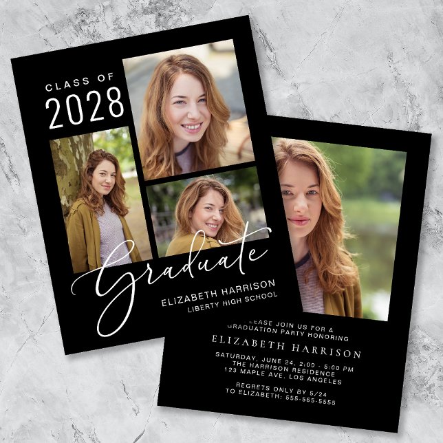 Budget Photo Black Graduation Party Invitation (A personalized photo graduation party invitation to celebrate the graduate's achievements)