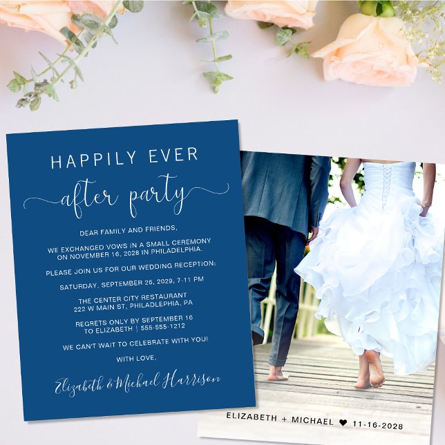Budget Photo Blue Wedding Réception Invitation (Your love story deserves a grand celebration!)