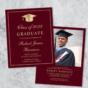Budget Photo Burgundy Gold Graduation Party Invita