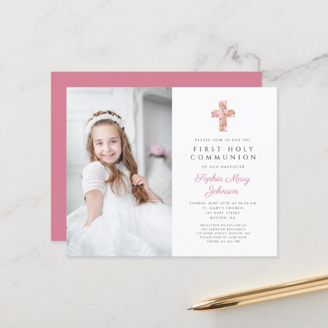 Budget Photo Croix Florale Rose Première Communion (Devant/Arrière en situation)