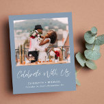 Budget Photo Dusty Blue Wedding Invitation de réce<br><div class="desc">Un hébergement chic et économique, une faire-part mariage privée et une invitation à la réception de mariage. L'avant présente votre photographie, "Célébrez avec nous" dans un élégant script blanc et vos prénoms et date mariage et emplacement dans une simple typographie blanche moderne. Au contraire, personnalisez votre mariage ou votre faire-part...</div>