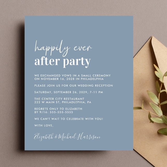 Budget Photo Dusty Blue Wedding Invitation de réce (A chic budget-friendly Happily Ever After Party invitation for your wedding celebration)