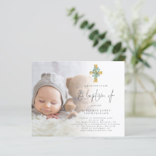 Budget Photo Eucalyptus Cross Baptism Invitation