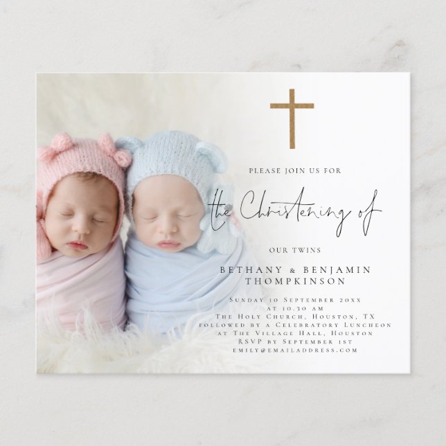 Budget Photo Gold Cross Twins Christening Invitati (Devant)