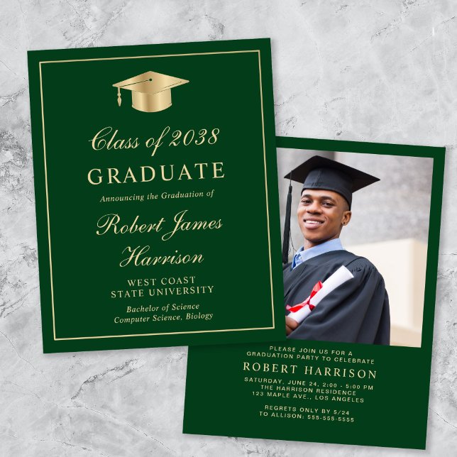 Budget Photo Green Gold Graduation Party Invitatio (An elegant college graduation party invitation to celebrate the graduate's achievements)