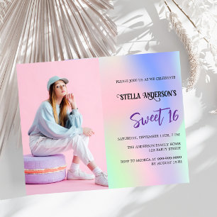 Budget photo holographique rose Sweet 16 invitatio