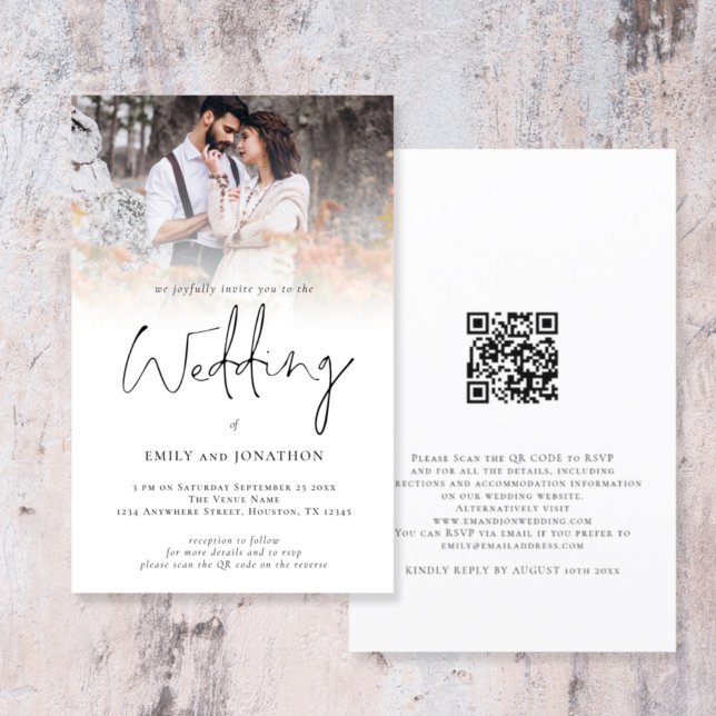 Budget Photo Overlay QR Code Script Wedding Invita (Front and back view. Larger size budget price alternative)