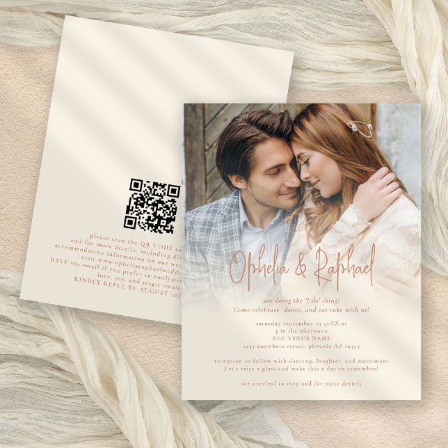 Budget Photo Overlay QR Terracotta Cream Mariage (Front and back view. Smaller 4.5 x 5.6" budget price invitation)