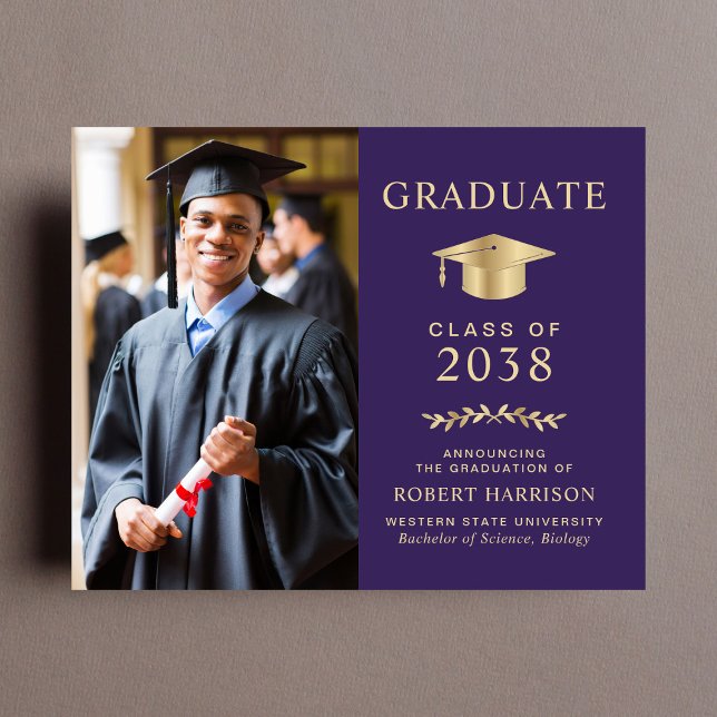 Budget Photo Purple Gold Graduation Faire-part (An elegant college graduation announcement to celebrate the graduate's achievements)