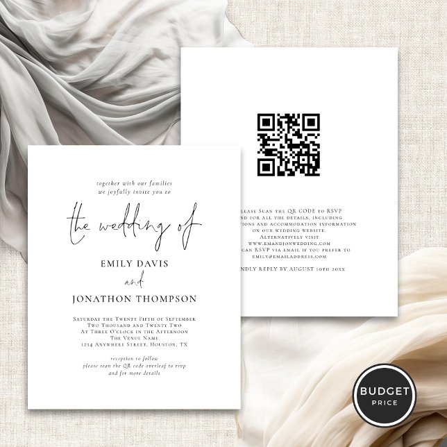 Budget Photo QR Code Elégant Script Wedding Invita (Front and back view)