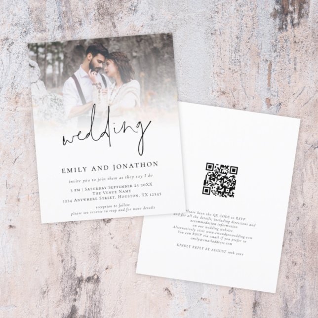 Budget Photo QR Code Moderne Script Mariage Invita (Front and back view. Smaller size, budget priced alternative)