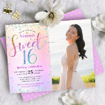Budget Photo Sweet 16 Rainbow Parties scintillant<br><div class="desc">"Bonne Douce 16". Envoyez cette invitation étonnante, pétillante, girly, festive, moderne, personnalisée, budget photo fête pour un événement à retenir. Parties scintillant arc-en-ciel typographie et festive turquoise, violet rose et d'or confetti, superposer un arc-en-ciel ombre arrière - plan métallique à gauche de la carte. Une photo d'anniversaire est sur la...</div>