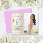 Budget Photo Sweet 16 Rainbow Parties scintillant<br><div class="desc">"Bonne Douce 16". Envoyez cette invitation étonnante, pétillante, girly, festive, moderne, personnalisée, budget photo fête pour un événement à retenir. Parties scintillant arc-en-ciel typographie et festive turquoise, violet rose et d'or confetti, superposer un arrière - plan métallique feuille d'or champagne sur la moitié gauche de la carte. Une photo d'anniversaire...</div>