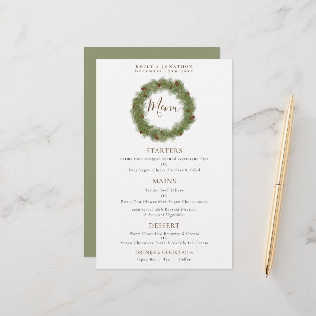 Budget Pine Cone Wreath Christmas Mariage Menu (Devant/Arrière en situation)