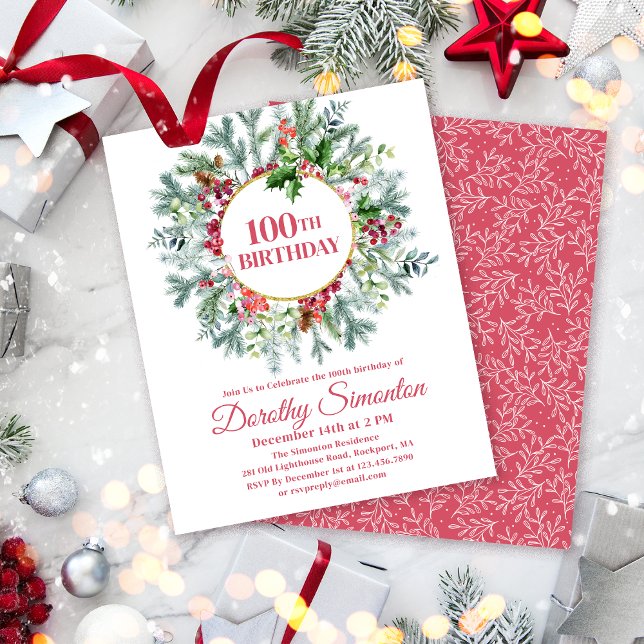 Budget Pine Holly Berry Invitation 100e anniversai (Need a matching welcome sign? Maybe napkins or paper plates. Something else? Message me!)