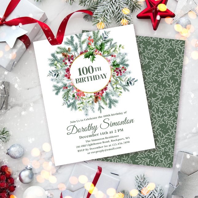 Budget Pine Holly Berry Invitation 100e anniversai (Need a matching welcome sign? Maybe napkins or paper plates. Something else? Message me!)