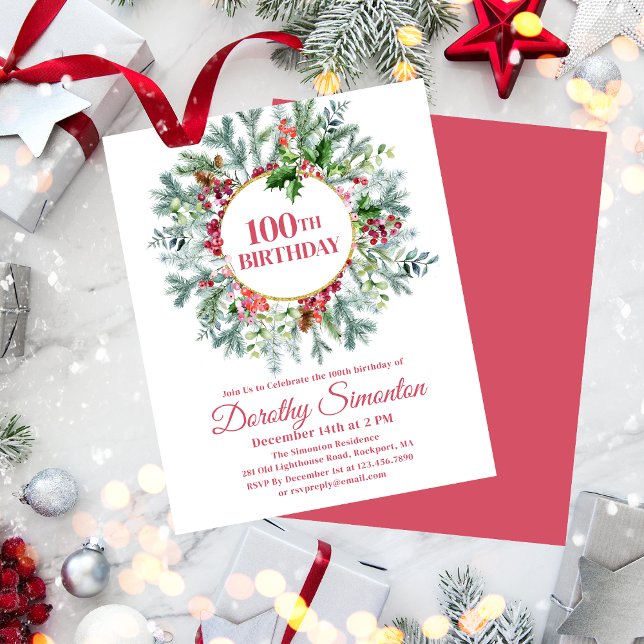 Budget Pine Holly Berry Invitation 100e anniversai (Need a matching welcome sign? Napkins, paper plates, something else. Message me!)