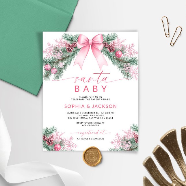 Budget Pink Bow Noël Père Noël Baby shower Invitat (Créateur téléchargé)