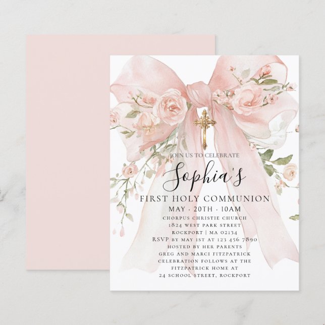 BUDGET Pink Bow Rose Floral First Communion Invite (Devant / Derrière)