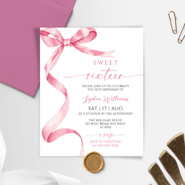 Budget Pink Bow Sweet 16 Anniversaire Invitation (Créateur téléchargé)