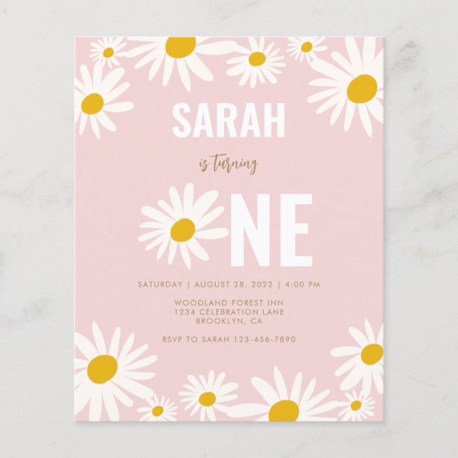 BUDGET Pink Daisy Flower 1er Anniversaire Invitati (Devant)