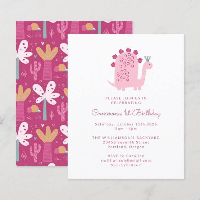 Budget Pink Dinosaur 1er anniversaire Invitation (Devant / Derrière)