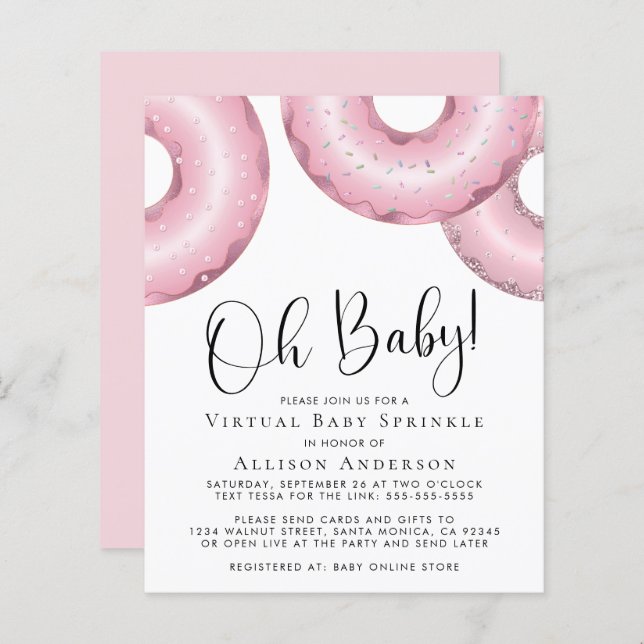 Budget Pink Donuts Virtual Baby Sprinkle Invitatio (Devant / Derrière)