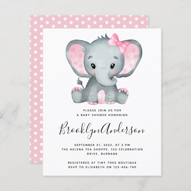 BUDGET Pink Elephant Baby shower Invitation (Devant / Derrière)