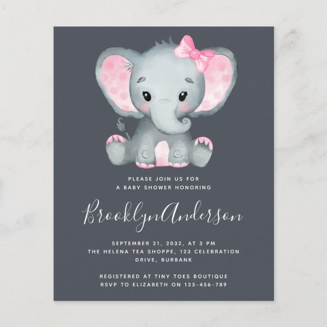 BUDGET Pink Elephant Baby shower Invitation (Devant)