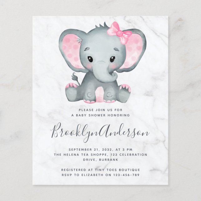 BUDGET Pink Elephant Baby shower Invitation (Devant)