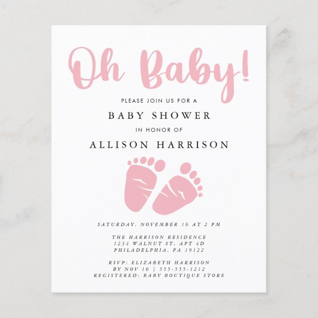Budget Pink Feet Baby Girl Douche Invitation (Devant)