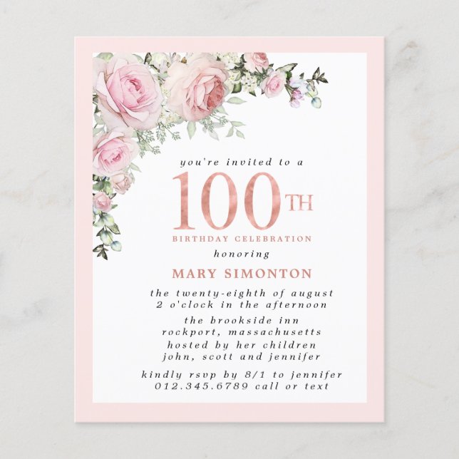 BUDGET Pink Floral 100e anniversaire Invitation (Devant)
