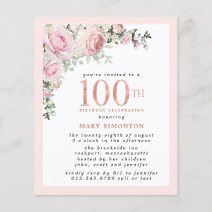 BUDGET Pink Floral 100e anniversaire Invitation