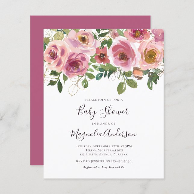 BUDGET Pink Floral Baby shower Invitation (Devant / Derrière)