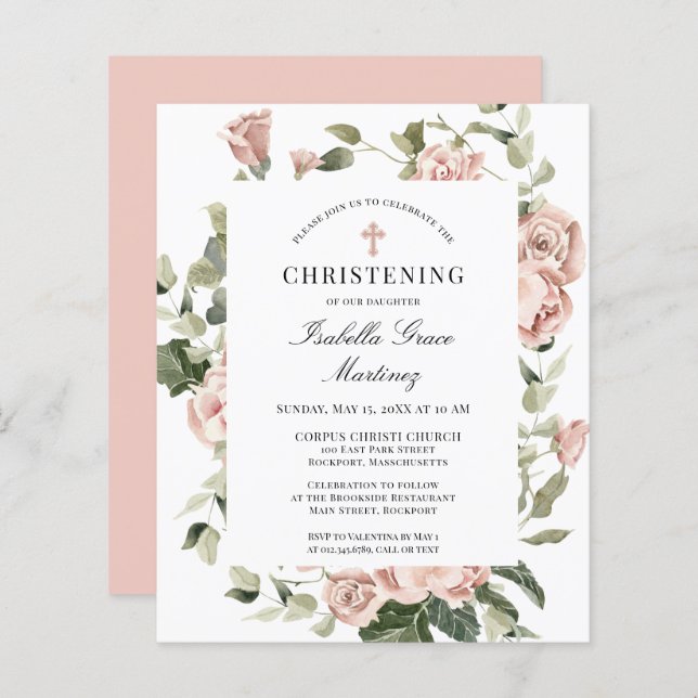 Budget Pink Floral Cross Christening Invitation (Devant / Derrière)
