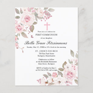 Budget Pink Floral First Holy Communion Invitation
