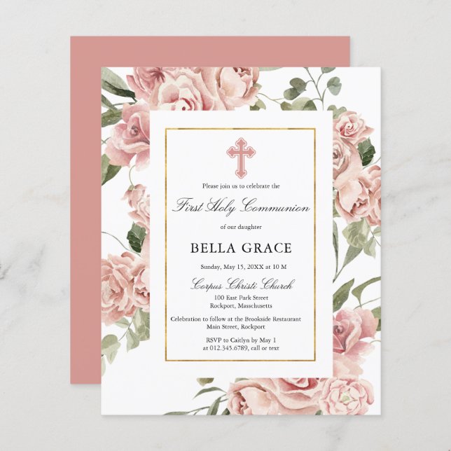 Budget Pink Floral First Holy Communion Invitation (Devant / Derrière)