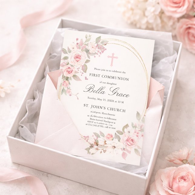 Budget Pink Floral First Holy Communion Invitation (Créateur téléchargé)