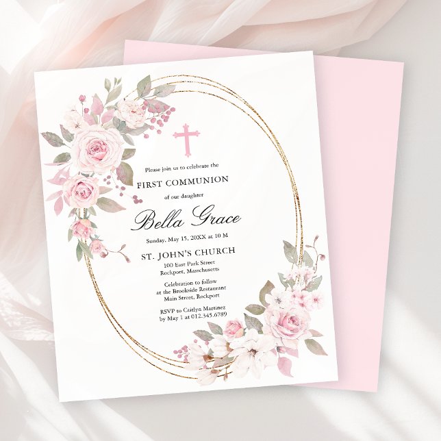 Budget Pink Floral First Holy Communion Invitation (Créateur téléchargé)
