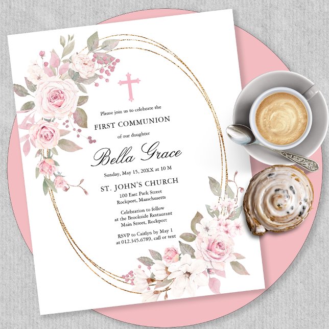 Budget Pink Floral First Holy Communion Invitation (Créateur téléchargé)