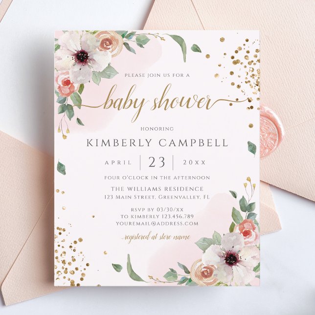 Budget Pink Floral Girl Baby Shower Invitation (Créateur téléchargé)