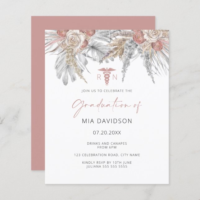 Budget Pink Floral Nursing Graduation Invitation (Devant / Derrière)